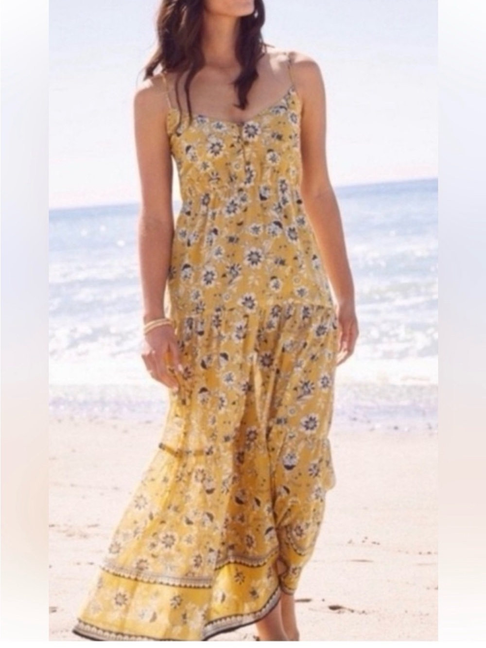 Evereve Mustard Floral Spaghetti-Strap Maxi Dress